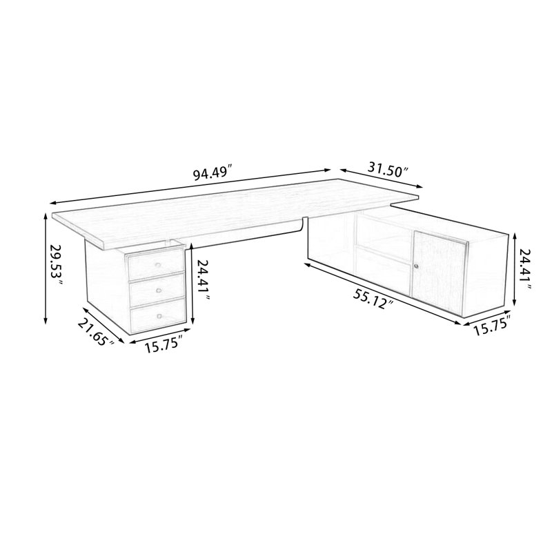 Tan+Black Rectangular Solid Wood+Iron desks, 29.53" H x 94.49" W x 31.5" D, Right Hand Return