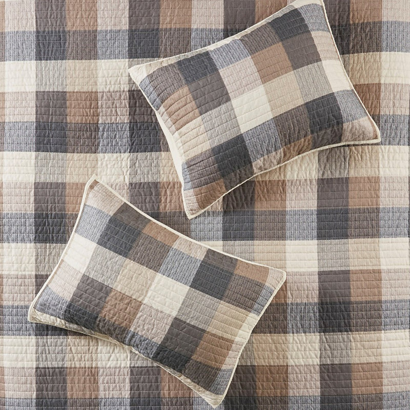Courtepointe imprimée à chevrons 6 pièces, double / grand neutre, décor de chalet, coussins décoratifs, froissé - avec chevrons, couleur, lavable à la machine