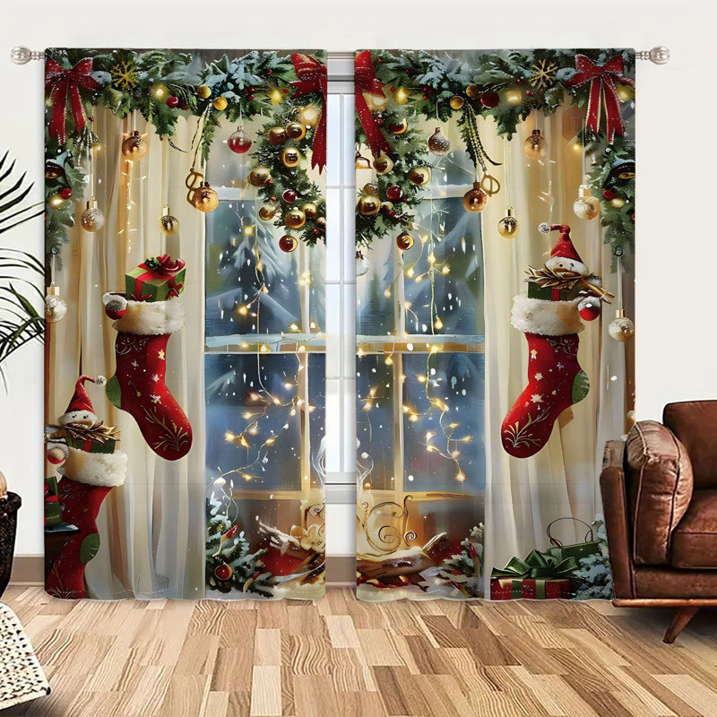 2Pcs Christmas Curtains Window Drapes with Stockings Ornaments Pattern Tree Garland Decor Holiday Themed Curtain Panels for Living Room Bedroom Kitchen Home Decoration Treatment