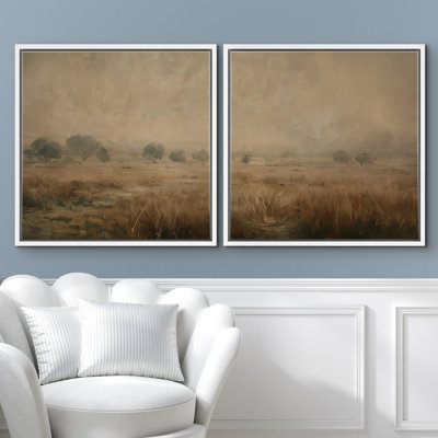 «Calm Misty Meadow Trees and Prairie Landscape Neutral Wall Art», encadré 2 pièces, reproduction d'art