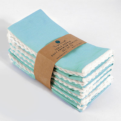Fingercraft Dinner Cloth Napkin Cotton Linen Blend 12 Pack Mitered Corners with Elegant Lace for Everyday Use Napkins are Pre Shrunk and Good Absorbency Sky Blue, 20in x 20in (Set of 12) Easter Color
