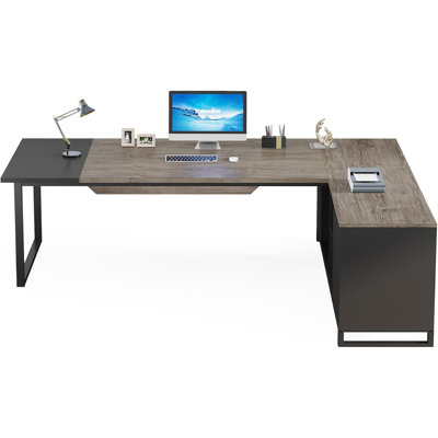 Bureau de direction en L 70,8 po avec classeur de 55 po, grand poste de travail industriel avec rangement, bureau de coin pour la maison et le bureau, gris rétro et noir