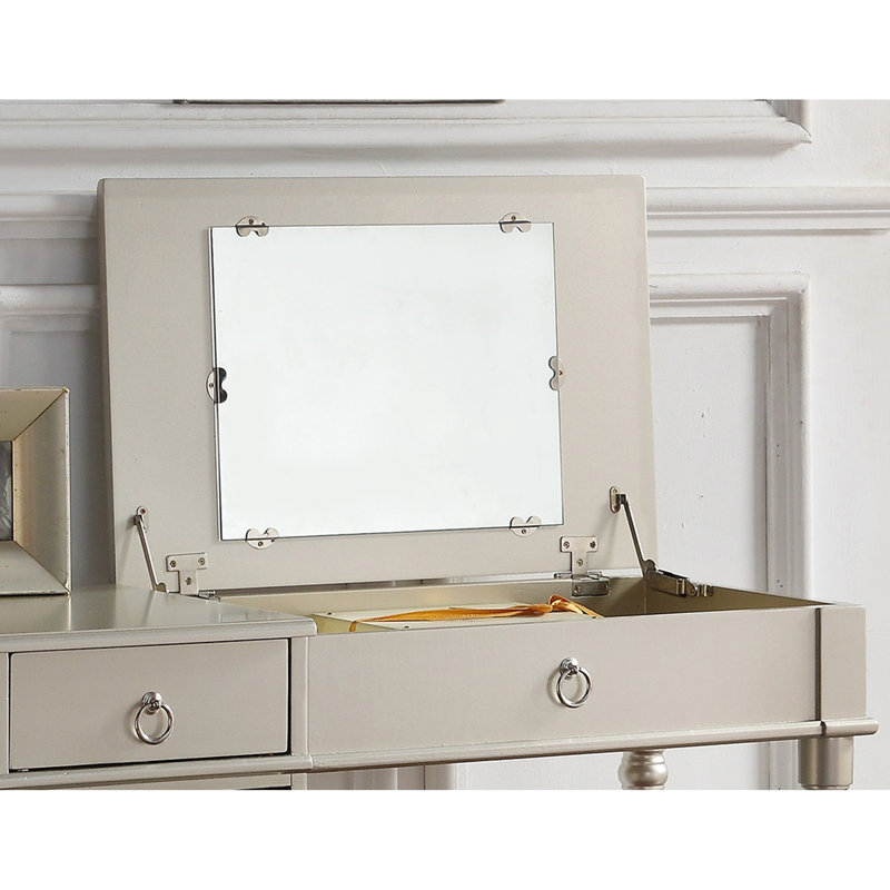 Ensemble de meuble-lavabo de chambre à coucher avec tabouret à tiroirs ouverts, Silver, Silver