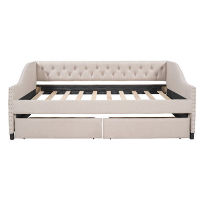 Upholstered daybed with Two Drawers, Wood Slat Support, Beige, Full Size(OLD SKU :LP001111AAA)