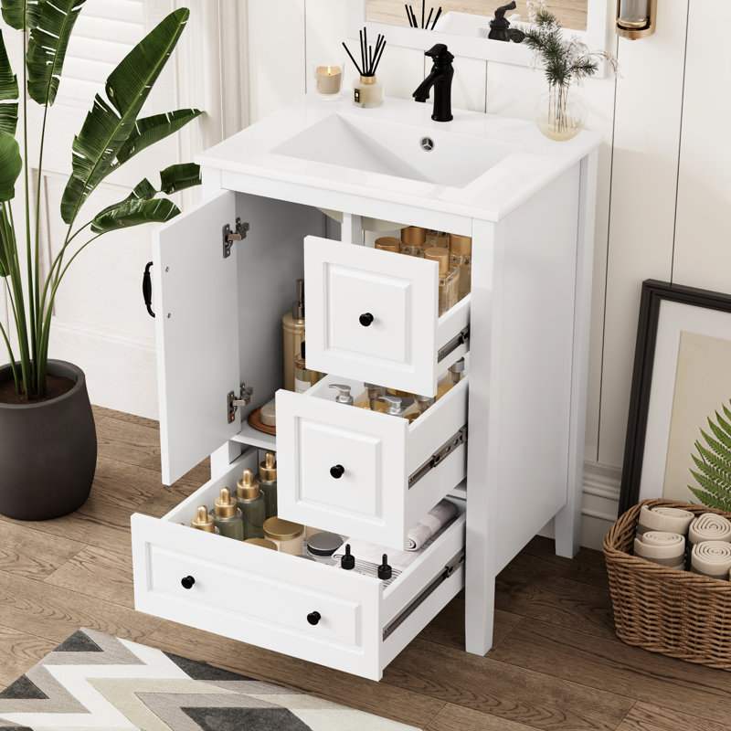Meuble-lavabo blanc de 24 pouces avec lavabo en céramique intégré, rangement à fermeture en douceur et tiroirs, dossier ouvert pour faciliter la plomberie