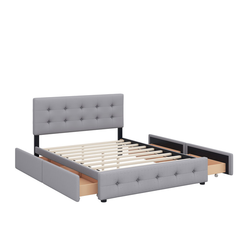 Grand lit plateforme tapissier avec tête de lit classique et tiroirs, Gris clair
