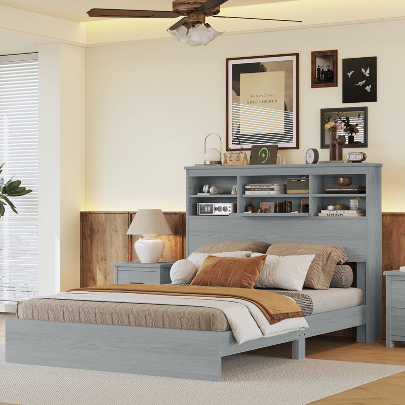 Queen Size Vintage Platform Bed,With Storage Headboard and Charging Station, Gray