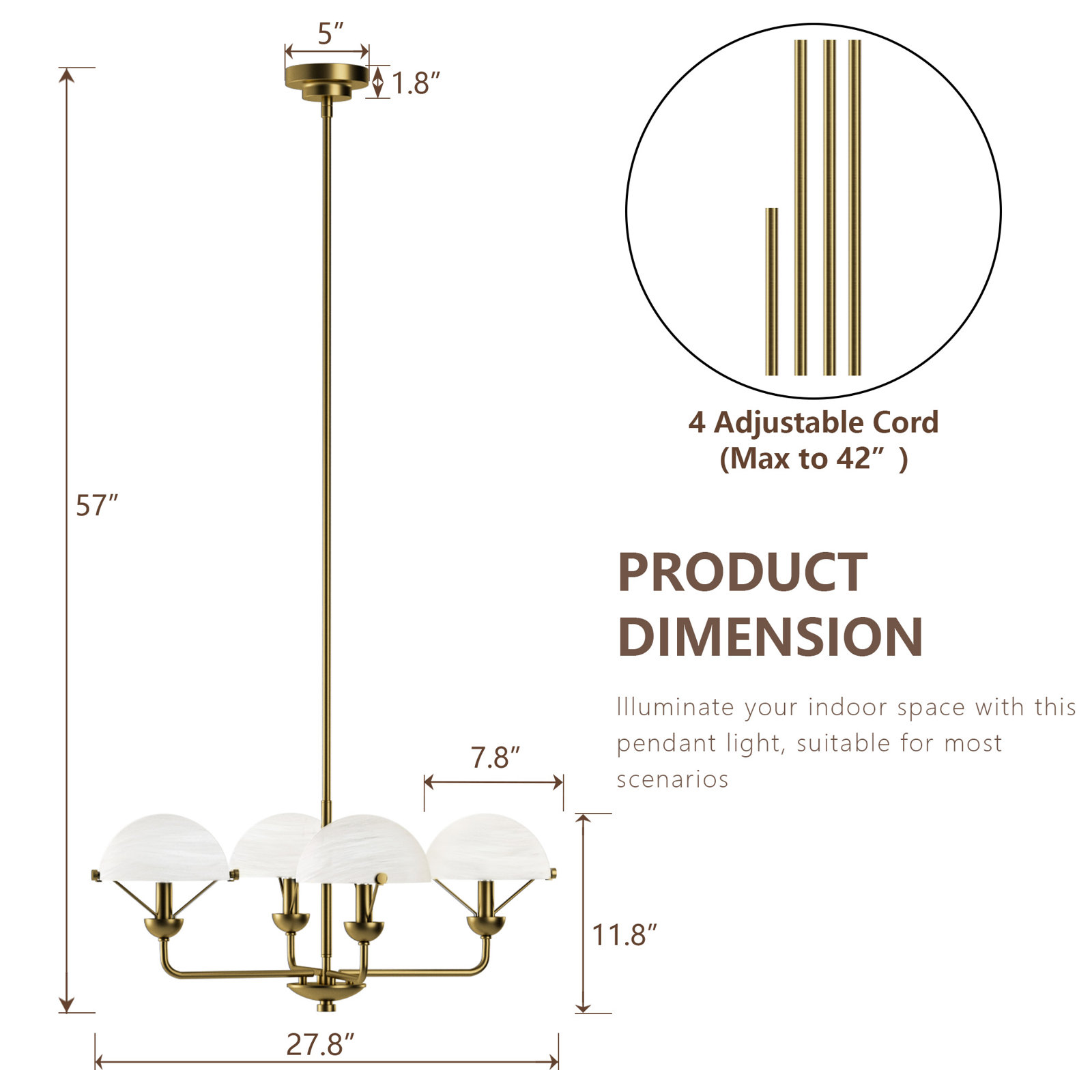 4-Light 28"W Modern/Traditional Chandelier With Metal, Feature Glass/Metal Shade For Dining Room Or Kitchen Island