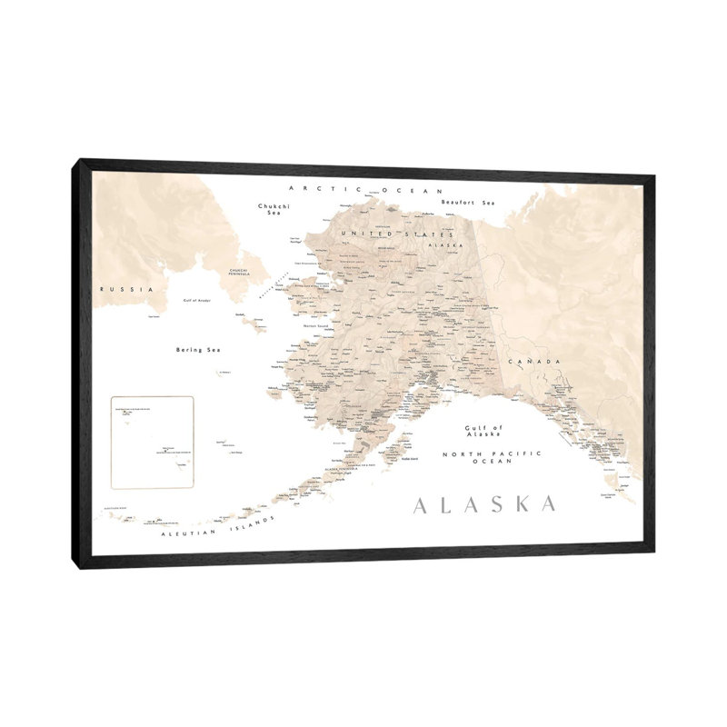 Neutral Watercolor Detailed Map Of Alaska by Blursbyai - Gallery-Wrapped Canvas Giclée on Canvas, Black Framed