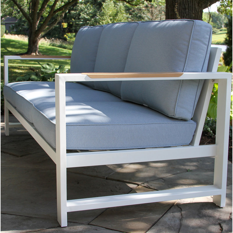 Jayton 81'' Wide Powder Coated Aluminum Patio Sofa with Cushions, White/Blue