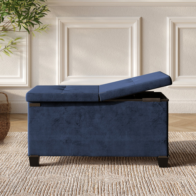 Banc repose-pieds en velours avec rangement amovible Nestl, H 15 po x l 30 po x P 15 po, Bleu