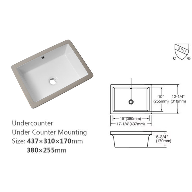 Lavabo de salle de bain rectangulaire encastré en céramique 18 "x 12" blanc avec trop-plein