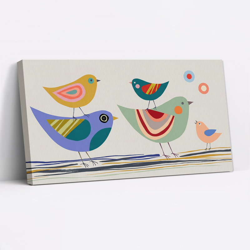 Tableau sur toile représentant un groupe d'oiseaux colorés, style moderne du milieu du siècle, 58“W x 28”H