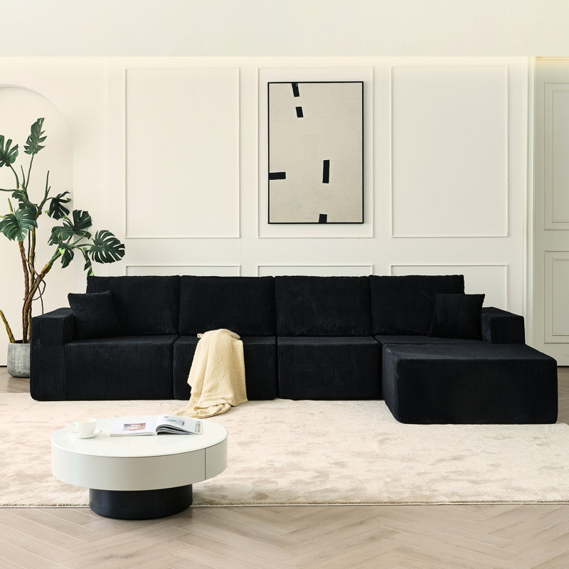 Canapé modulaire en velours côtelé de luxe de 139,3 po à 4 places avec canapé en L et coussins, sans installation pour le salon Tea Time