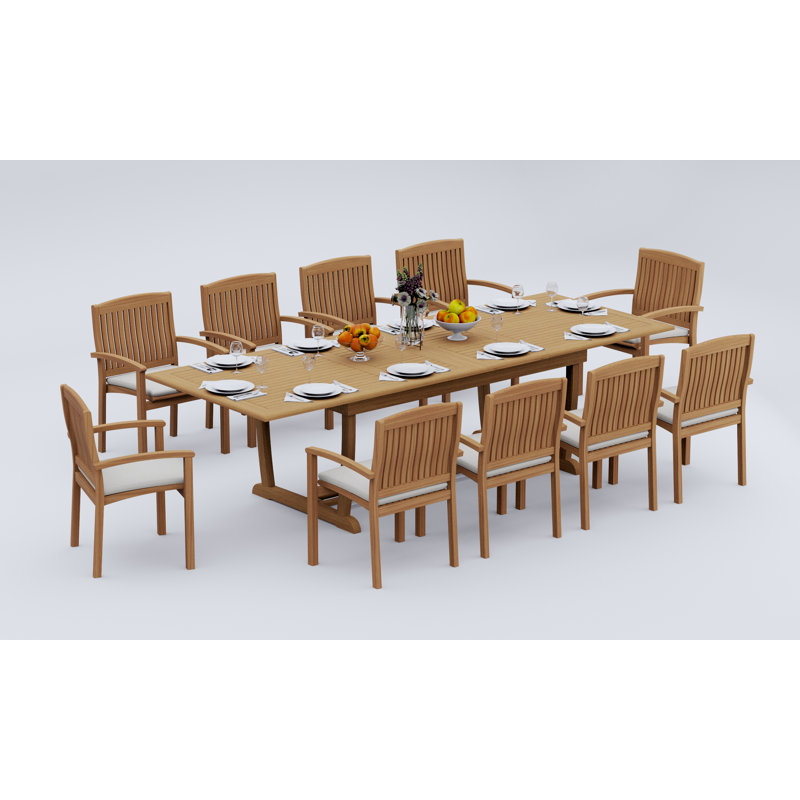 7 Pcs Grade-A Teak Wood Dining Set: 118" Double Extension Mas Rectangle Trestle Leg Table And 6 Wave Stacking Arm Chairs #11WV2506