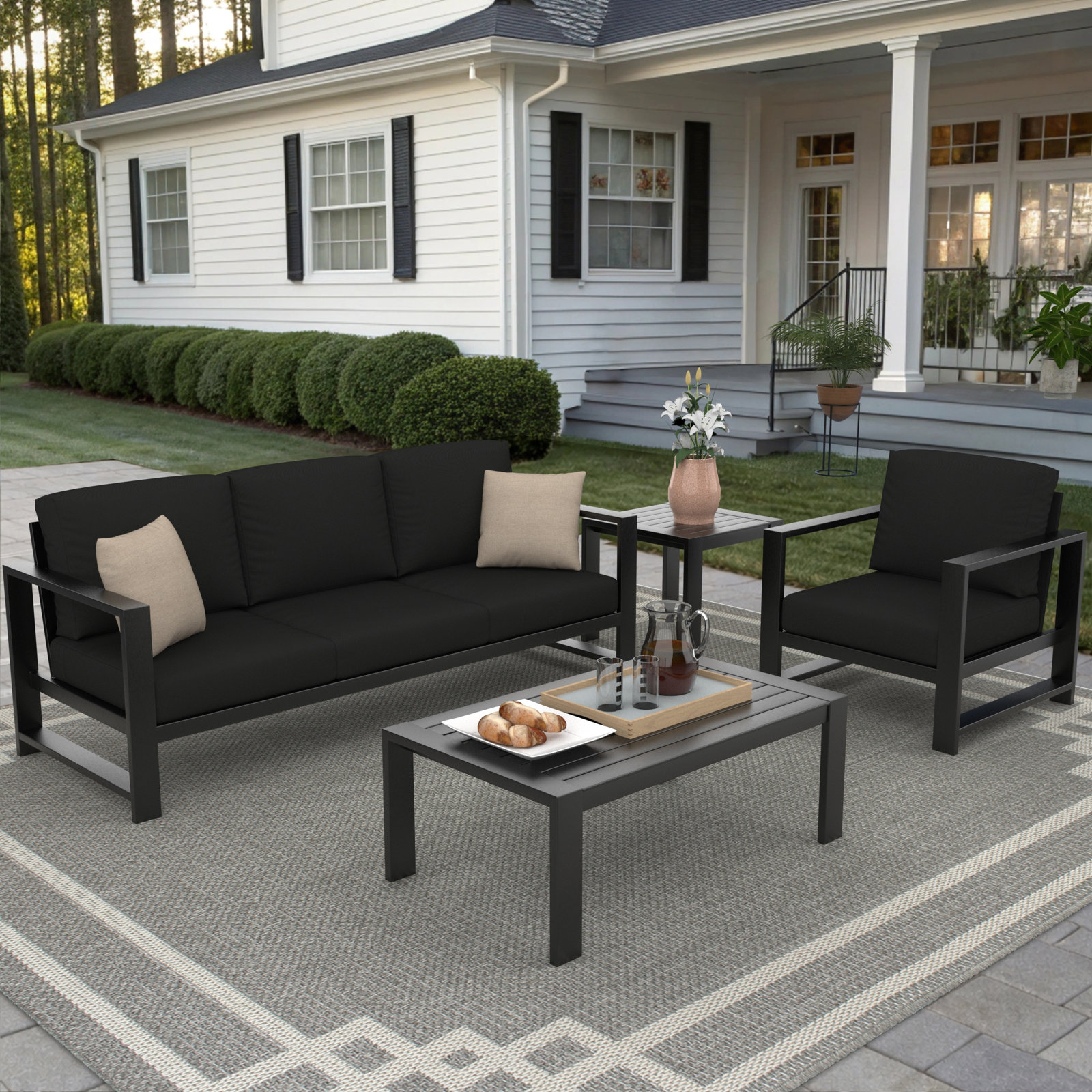 Dulcie 4-Person Sunbrella® Patio Seating Group, Canvas Black Sunbrella® Canvas