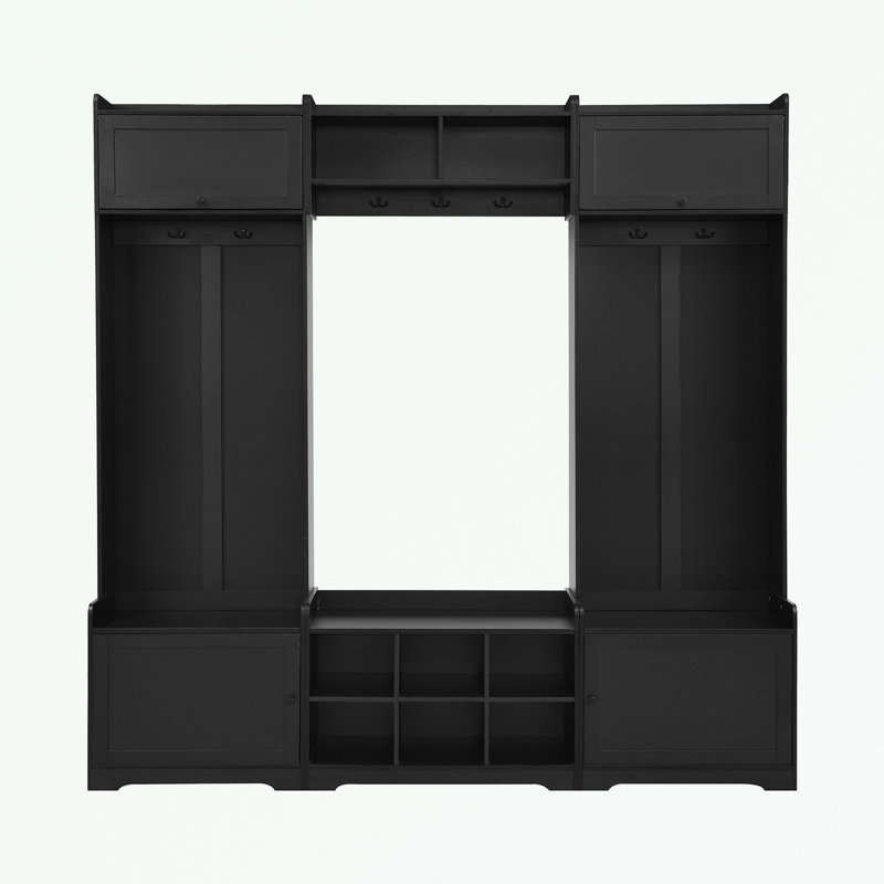 Hall Tree with Shoe Storage Bench, 8 Cubbies, 7 Coat Hooks and Adjustable Shelf, Black