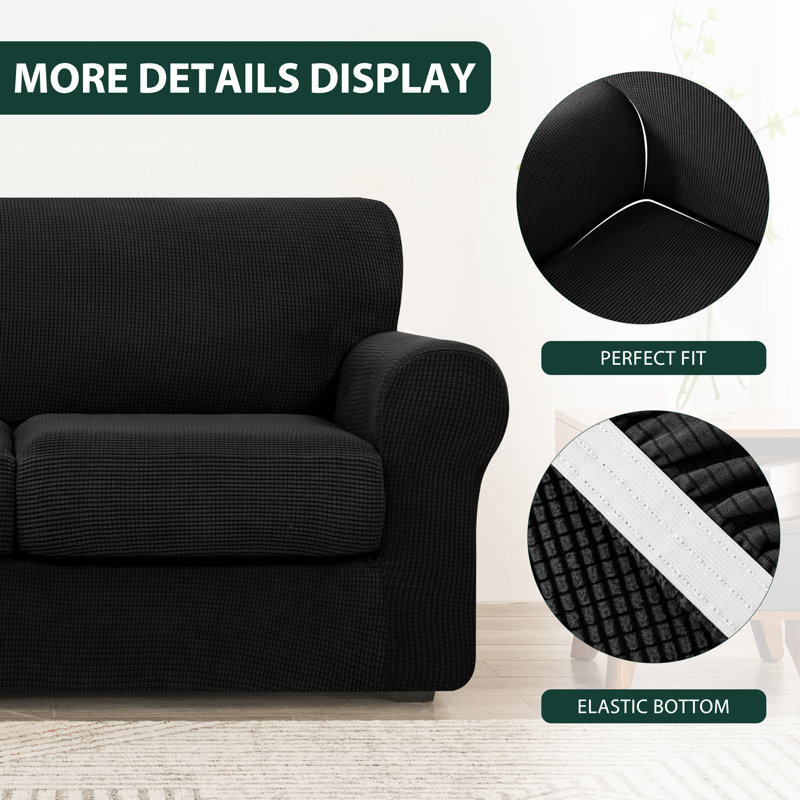Textured Grid Soft Stretch Separate Box Cushion Sofa Slipcover, Black, 104cm H x 178cm W x 107cm D