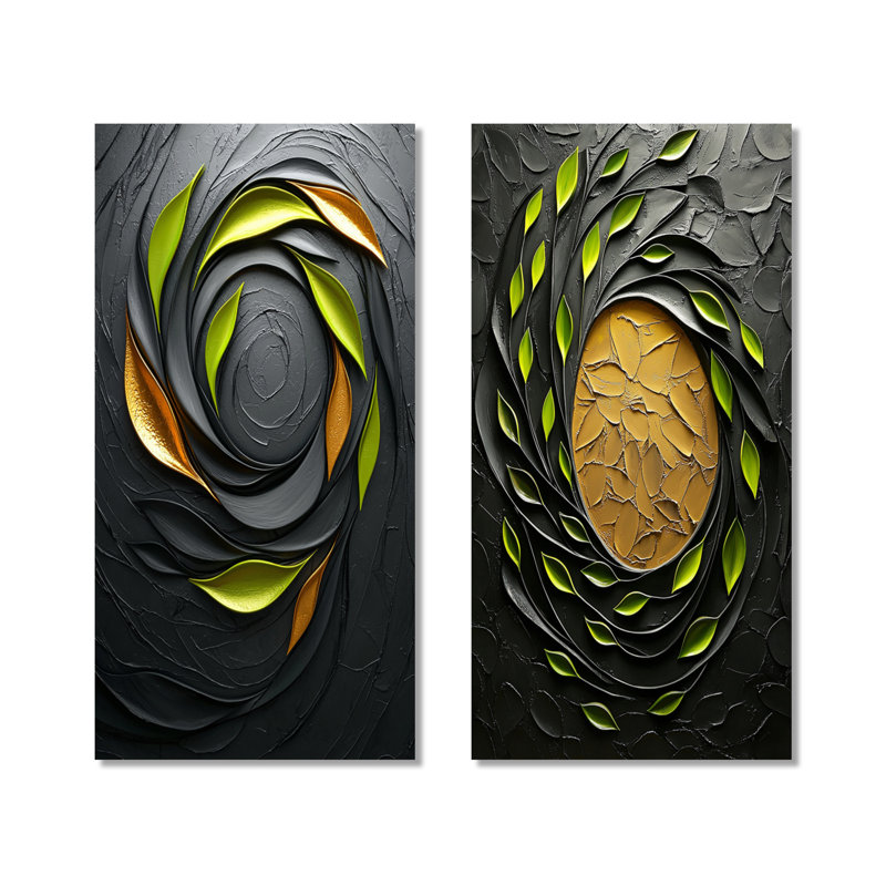 «Green and Black Botanical Balance I», ensemble de 2 impressions murales abstraites en métal, 32" H x 32" W