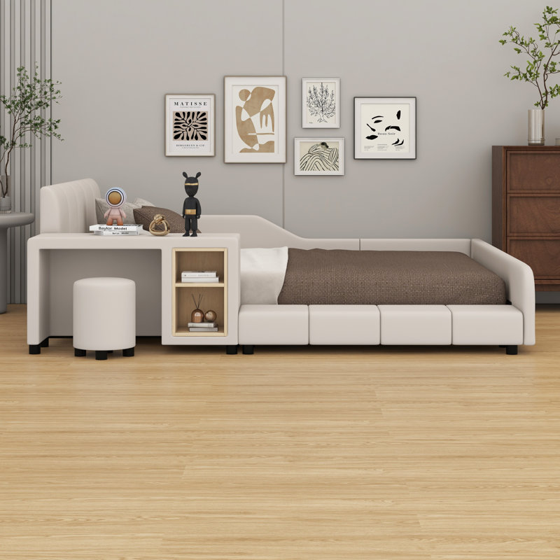 Lit plateforme tapissier avec rangement Leavie, Beige, Grand