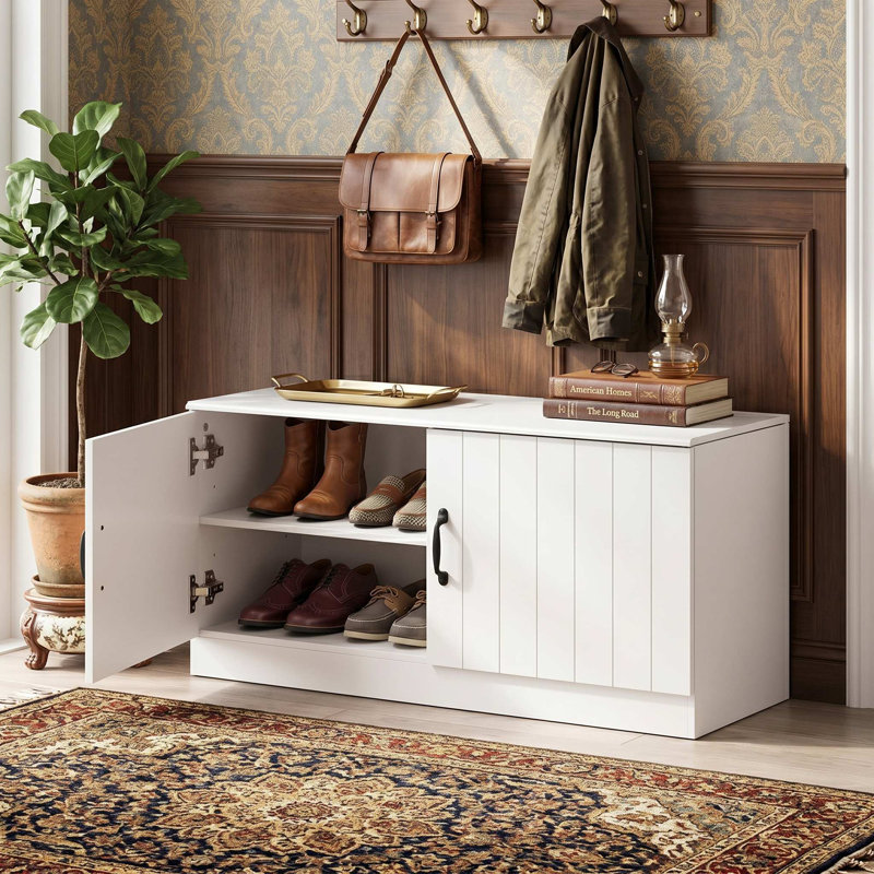 2-Door Padded Shoe Storage Bench Cabinet, Adjustable Interior Shelves & Smooth Silent Hinges, Anti-Tip Design Suitable For Entryway