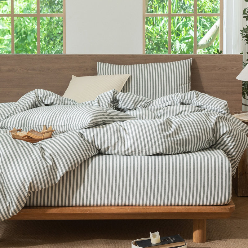 MooMee Striped Duvet Cover Set 100% Washed Cotton Linen Like Textured, Classic Stripes - Heathered Green/White