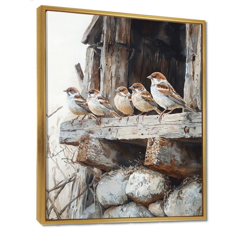 Sparrows Birds In The Farmyard IV - Art mural d'oiseaux, H 44 po x l 34 po, Impression encadrée sans passe-partout, Doré