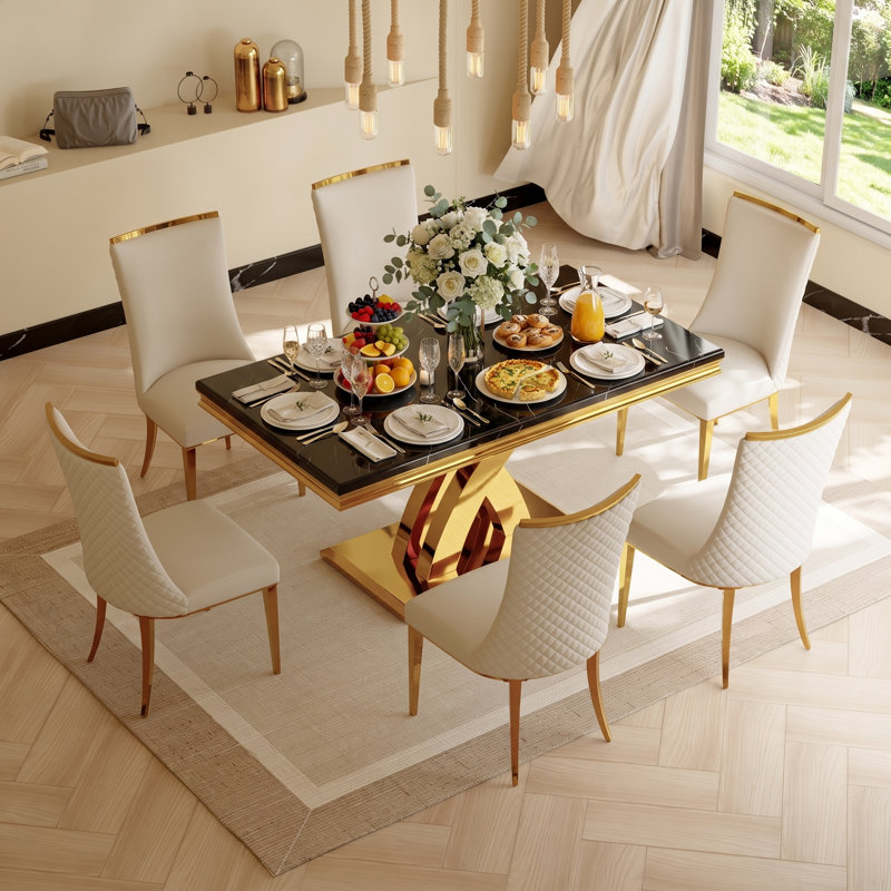 Collina Faux Marble Top Metal Base Dining Table, Black/Gold