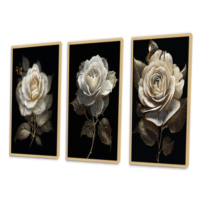 «Retro White Rose Portrait On Black», 3 pièces