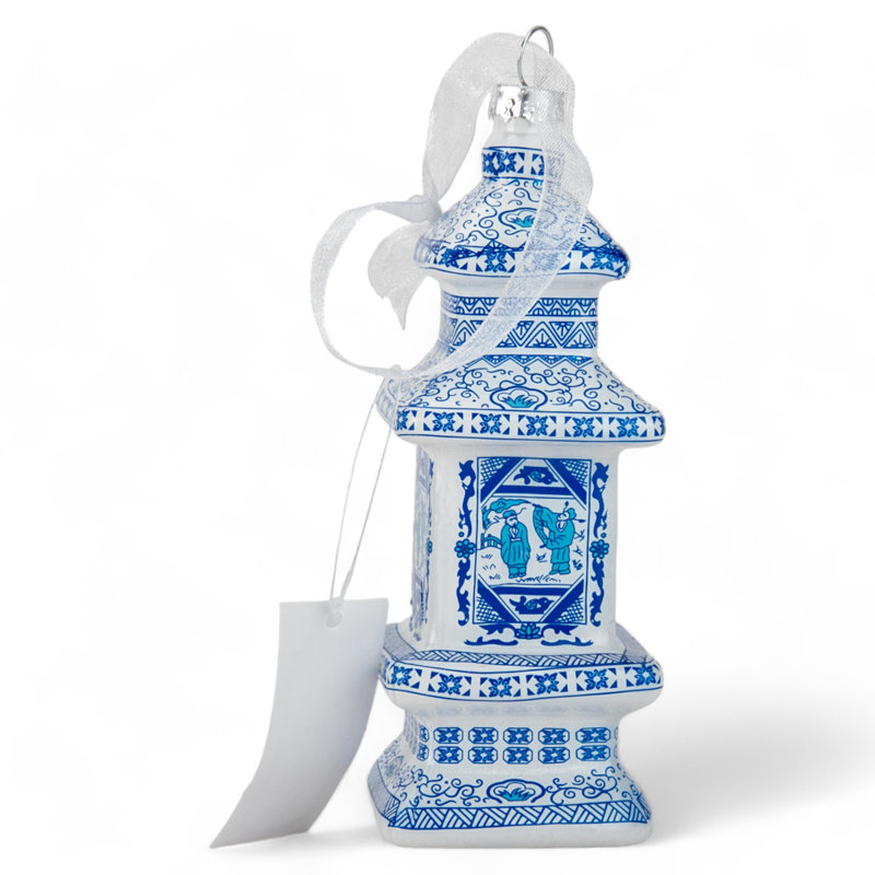Asian Pagoda Blue and White Glass Ornament