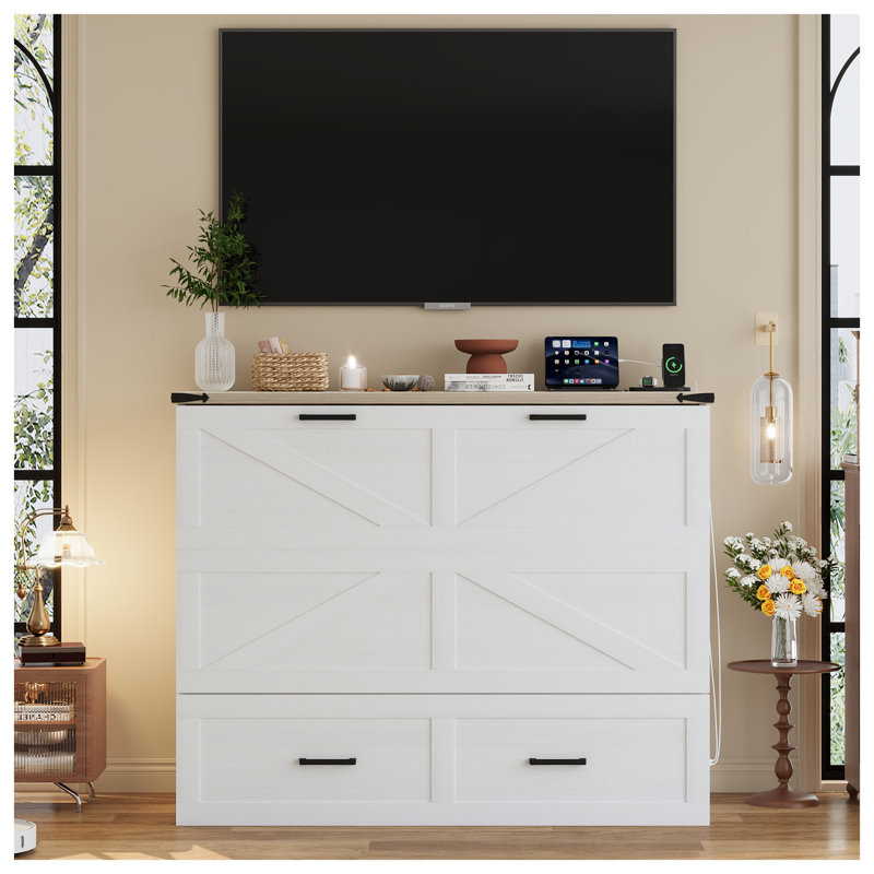 Lit escamotable blanc pleine grandeur Farmhouse avec station de charge et tiroirs de rangement, lit d'invité pliable peu encombrant pour les petites pièces