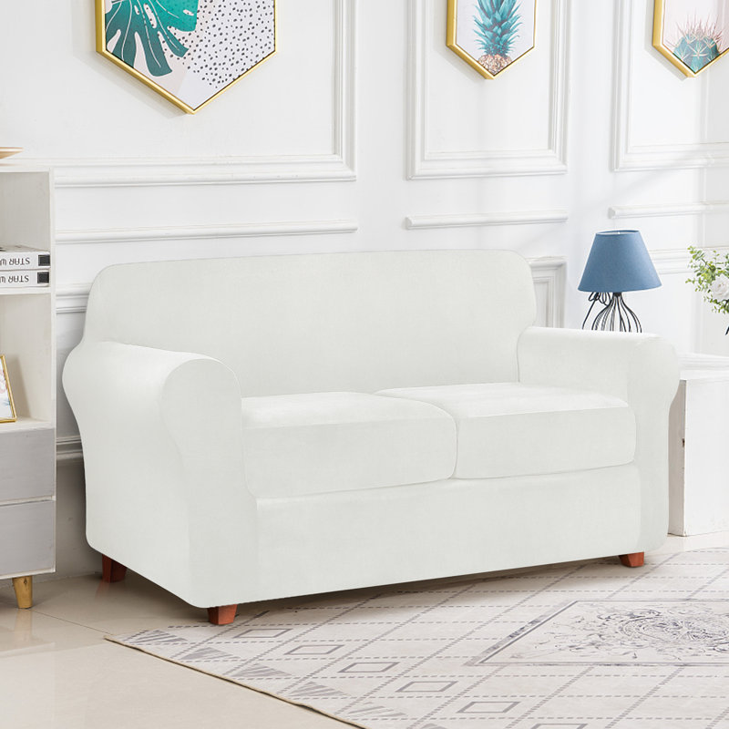 Housse pour causeuse à coussins carrés extensible et moelleuse Hearston, Velours blanc