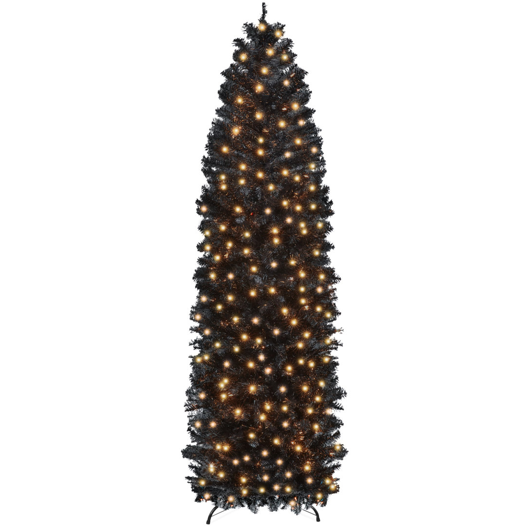 Pre-Lit Black Artificial Christmas Tree, Holiday Pencil Tree w/ Incandescent Lights, Base The Holiday Aisle® 