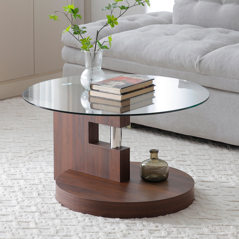 Table basse à 2 niveaux avec plateau en verre 31,5 po avec rangement, Brun