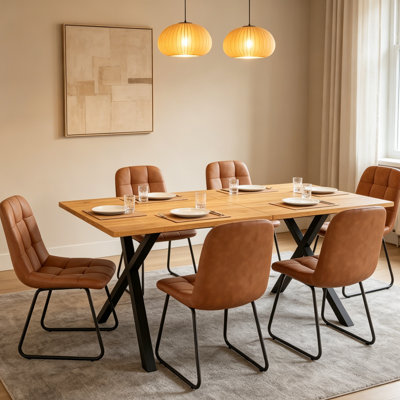 Costner 63" Modern Oak Dining Table Set For Small Spaces, 7-Piece Set With Rectangular Table & 6 Padded Leather Chairs, Compact, Sturdy & Easy To Assemble