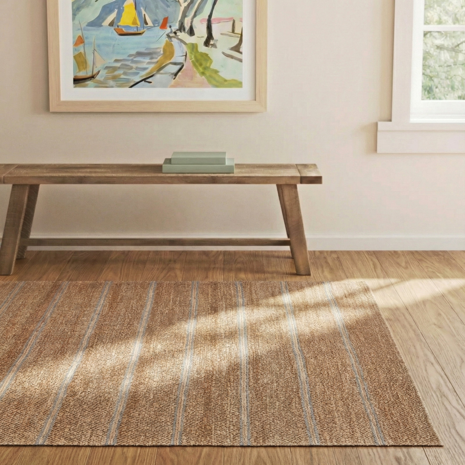 Beamond Brown Hand-Woven Striped Jute Rug, Rectangle 5' x 8'