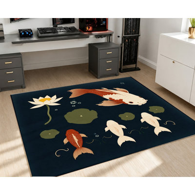 Tapis japonais Koi Fish Lotus Pond, motif de paysage aquatique artistique, tapis doux antidérapant durable et lavable à la machine, décoration intérieure élégante pour le salon, la chambre à coucher, l'entrée, la porte d'entrée, la cuisine, le balcon, appartement