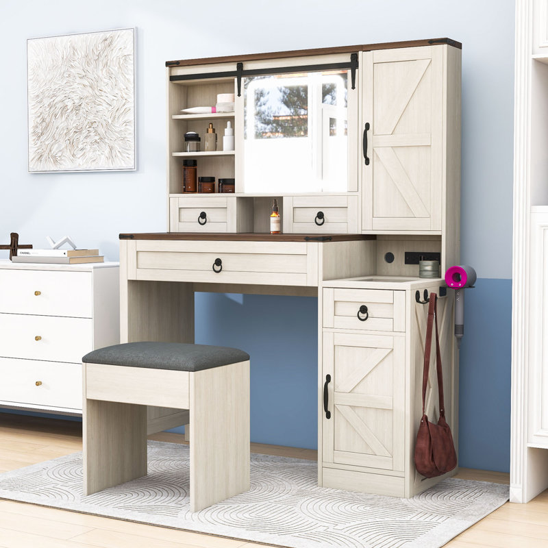 Makeup Vanity with Sliding LED Mirror, Charging Station, Glass-Top Display, Dual Cabinets and Stool, White