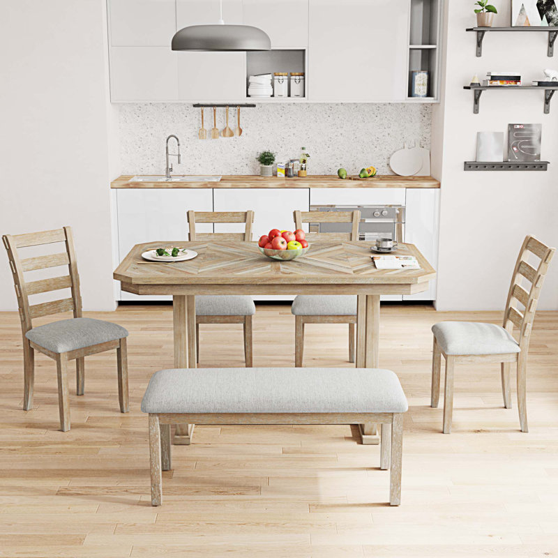 6 - Person Double Pedestal Dining Set, Natural Wood Wash