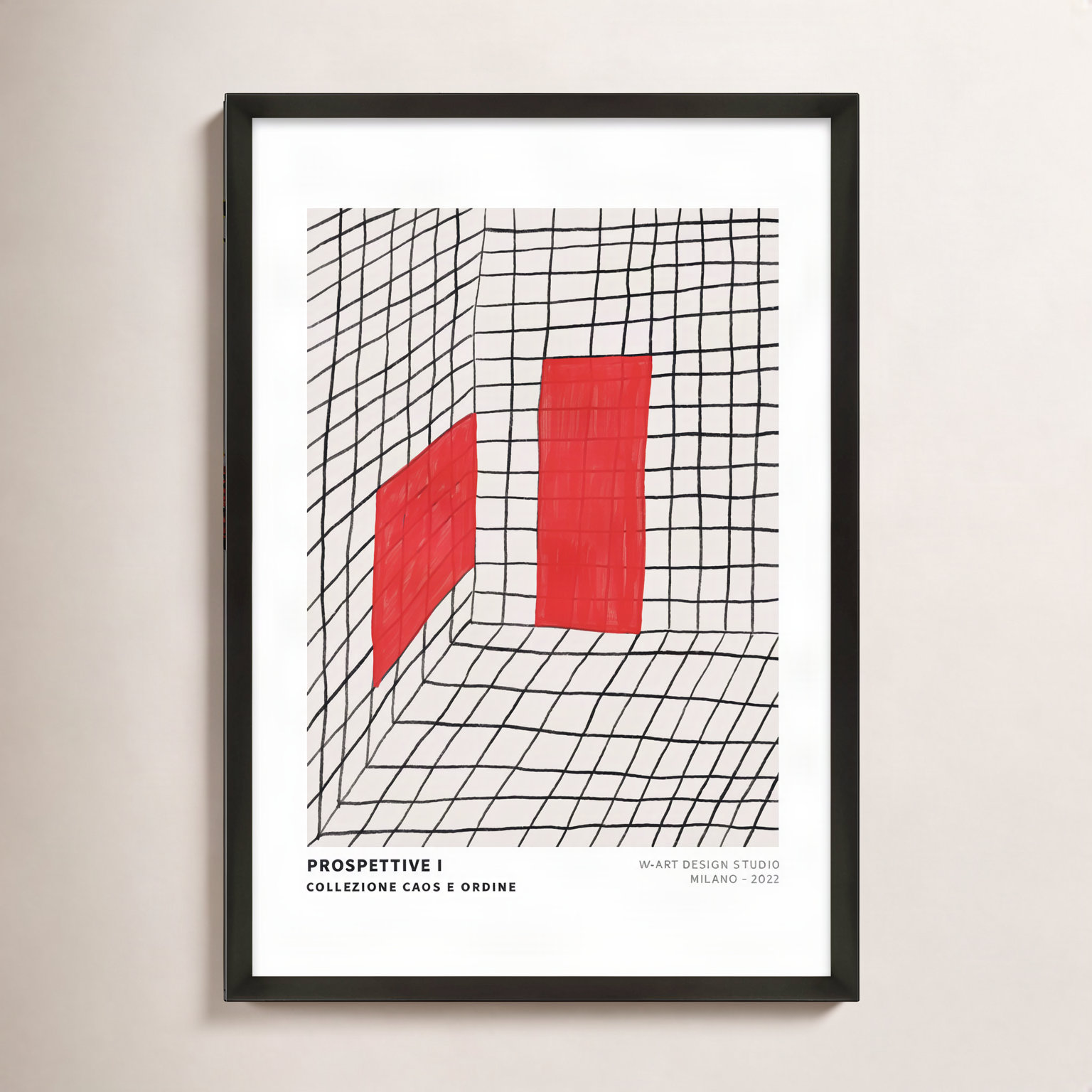 Red Perspective by Romina Gadler, 50" H x 35" W x 1.25" D, Black Framed Paper