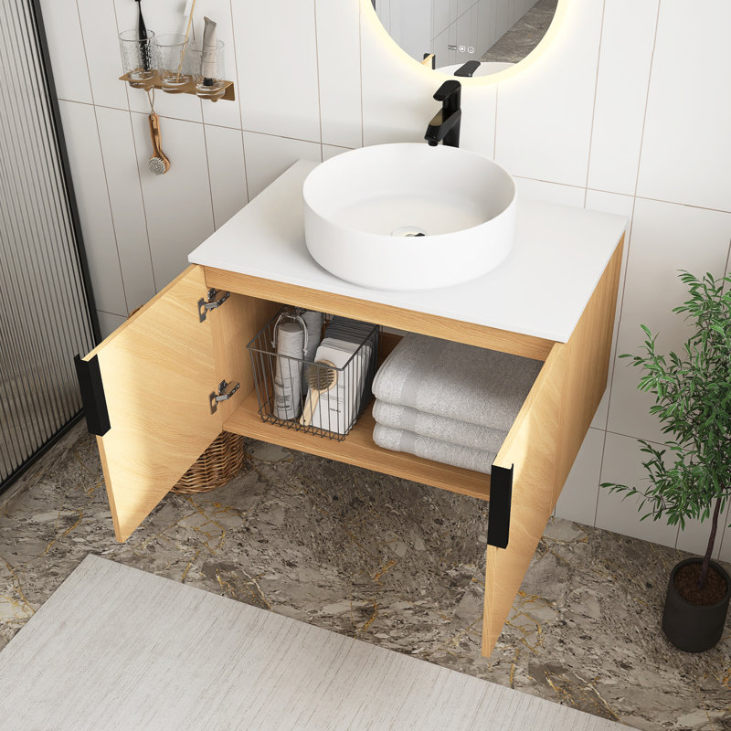 Meuble-lavabo mural de 30 po avec lavabo d'art en céramique blanc mat et dalle de pierre artificielle, 2 portes à fermeture douce