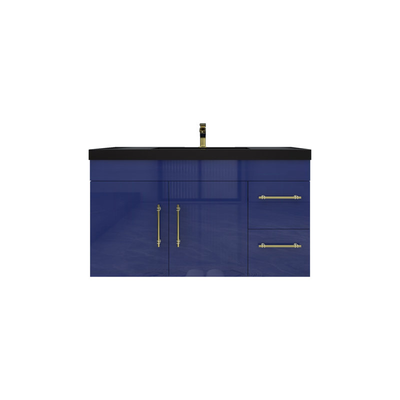 Ensemble de meuble-lavabo simple mural 42 po Campbel, Bleu nuit brillant, Or mat
