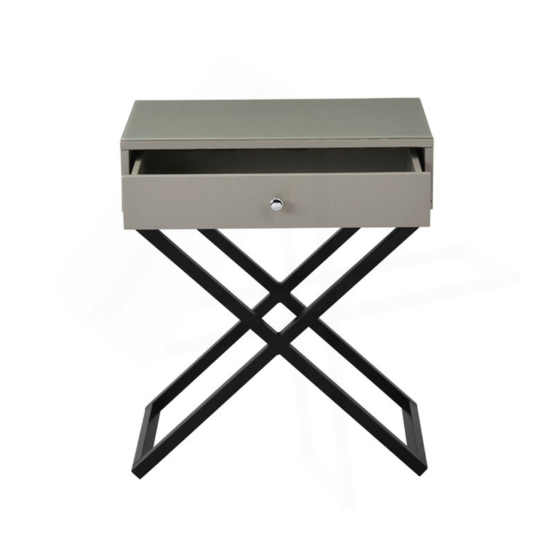 Koraldo 23"W Taupe Wooden End Side Table Nightstand With Glass Top, Drawer And Metal Cross Base, Olive Green