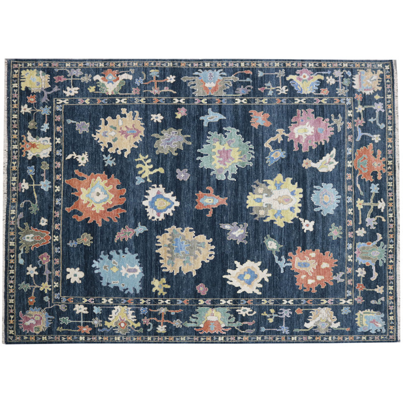 Tapis unique noué à la main bleu marine et multicolore