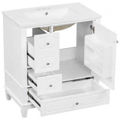 30" Bathroom Vanity with Sink, Freestanding White Vanity Cabinet with Ceramic Basin, Solid Wood Frame, Soft-Close Door, 3 Drawers, Painted MDF & Rubber Wood, Storage Shelves Included
