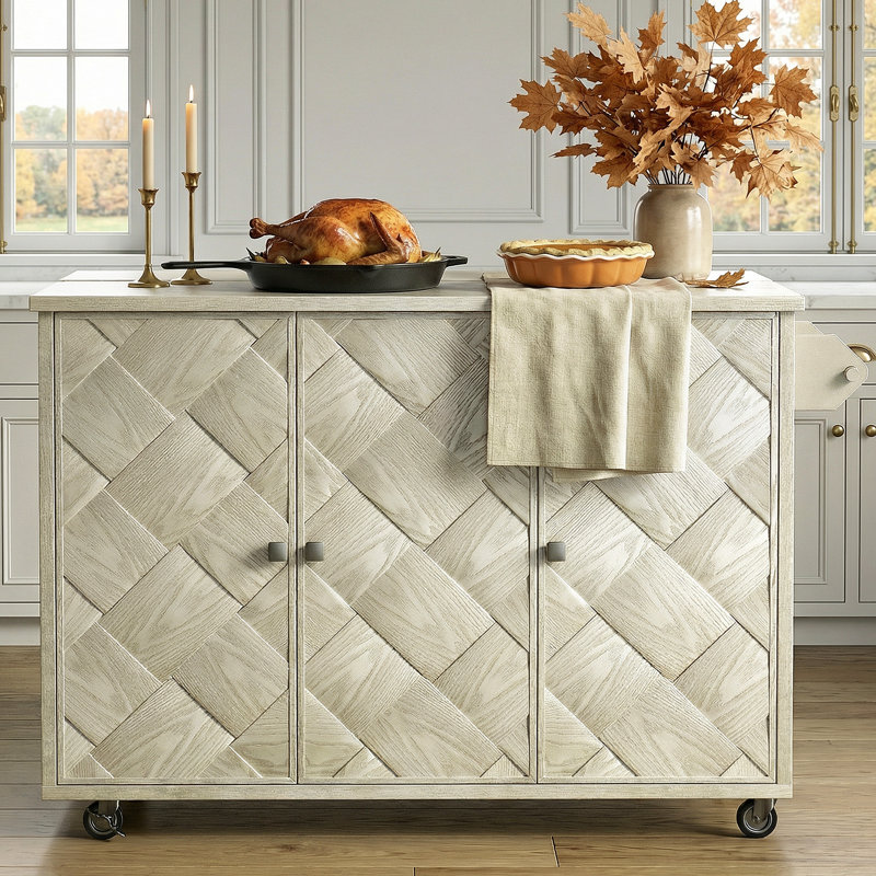 51.2"W Solid Wood Kitchen Island Cart - Rolling Kitchen Prep Table With Drop Leaf,Towel Rack,Storage Cabinet & Adjusted Shelf, Champagne