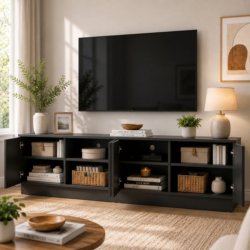Buffet moderne de 71 po de largeur avec portes à texture ondulée et lumières DEL de 16 couleurs, Black