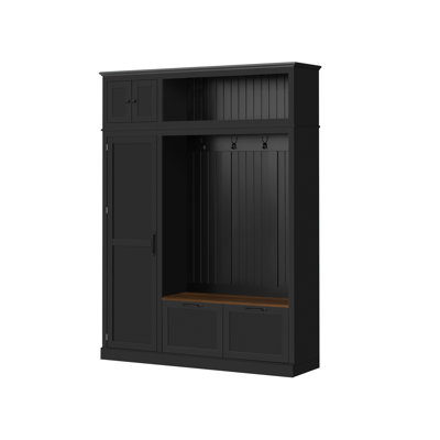  3-in-1 Entryway Hall Tree with Overhead Storage Cabinet, 2 Drawers, Black