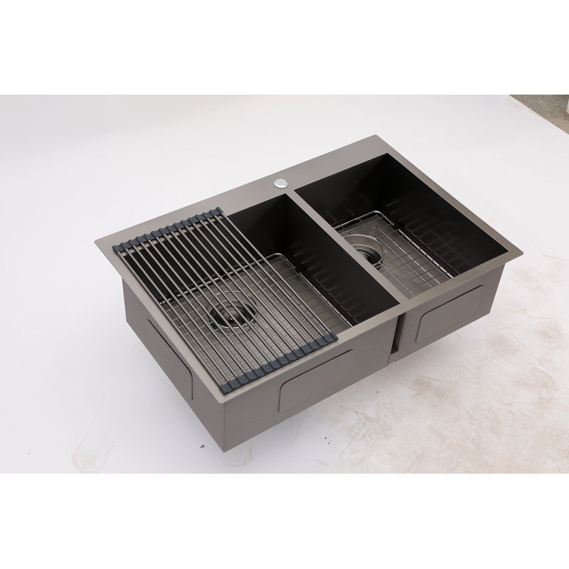 Double Bowl Drop In Sink- 33"X22" Gunmetal Black  Double Bowl Kitchen Sink 16 Gauge With Two 9" Deep Basin
