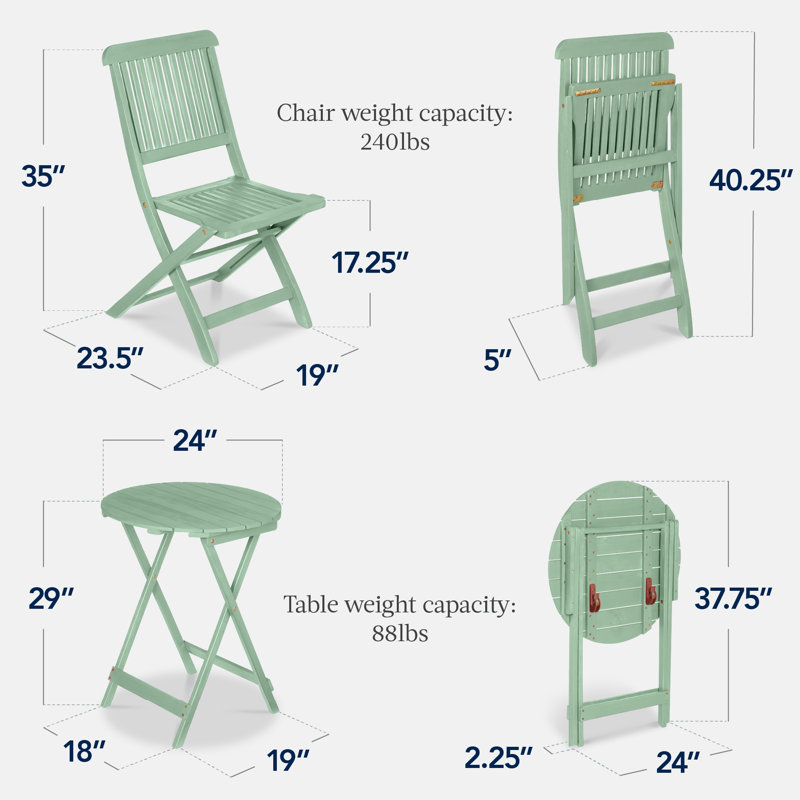  3-Piece Acacia Wood Bistro Set, Folding Patio Furniture W/ 2 Chairs, Table - Mint, Mint
